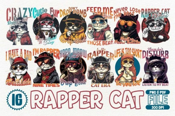 Creative Assets: The Rapper Cat T-shirt Design Bundle